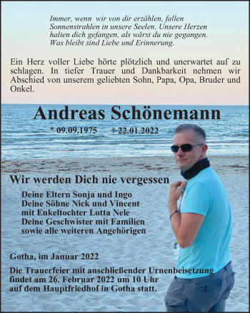 Traueranzeigen von Andreas Schönemann trauer in thueringen de