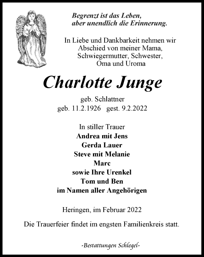 Traueranzeigen Von Charlotte Junge Trauer In Thueringen De