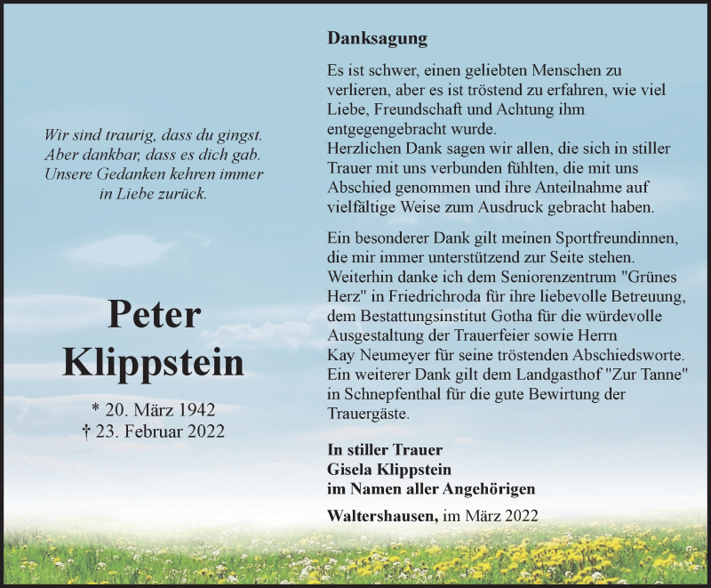 Traueranzeigen Von Peter Klippstein Trauer In Thueringen De