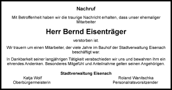 Traueranzeigen Von Bernd Eisentr Ger Trauer In Thueringen De