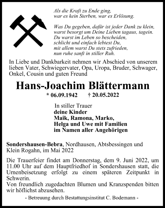 Traueranzeige von Hans-Joachim Blättermann von Thüringer Allgemeine