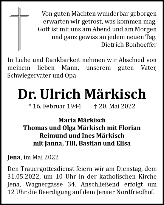Traueranzeige von Ulrich Märkisch von Ostthüringer Zeitung, Thüringische Landeszeitung