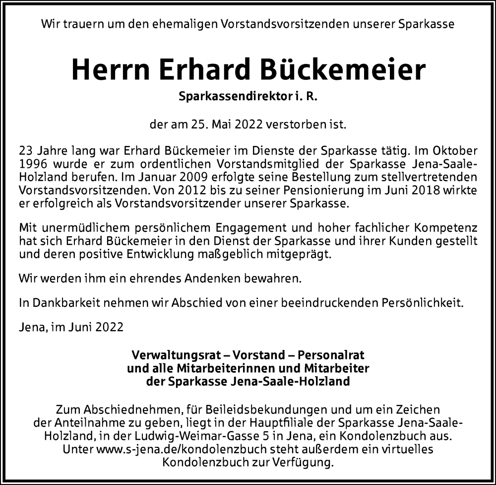 Traueranzeigen Von Erhard B Ckemeier Trauer In Thueringen De