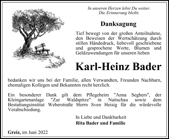 Traueranzeige von Karl-Heinz Bader von Ostthüringer Zeitung