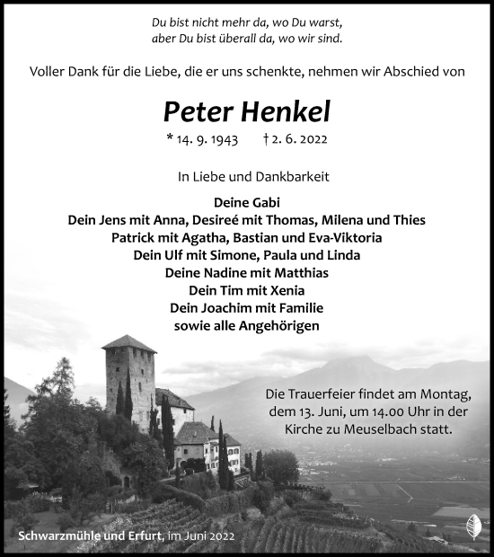 Traueranzeigen Von Peter Henkel Trauer In Thueringen De