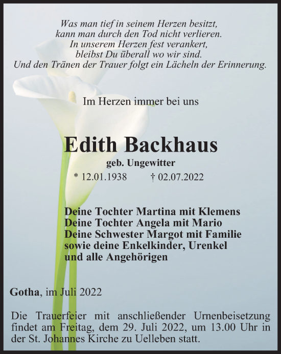 Traueranzeigen Von Edith Backhaus Trauer In Thueringen De