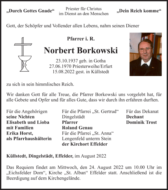 Traueranzeigen Von Norbert Borkowski Trauer In Thueringen De