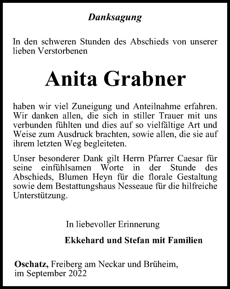 Traueranzeigen Von Anita Grabner Trauer In Thueringen De