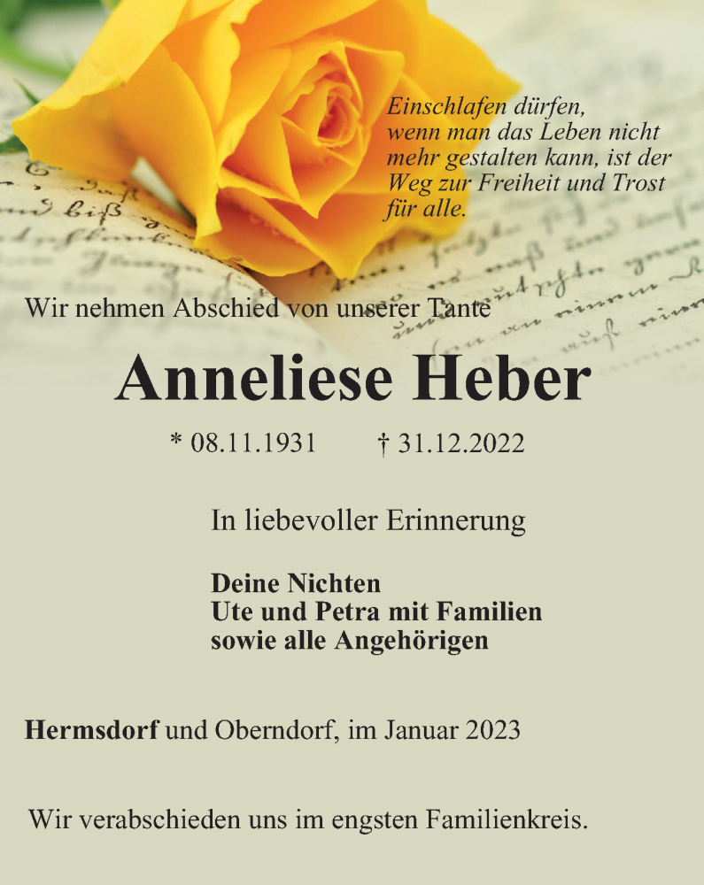 Traueranzeigen Von Anneliese Heber Trauer In Thueringen De