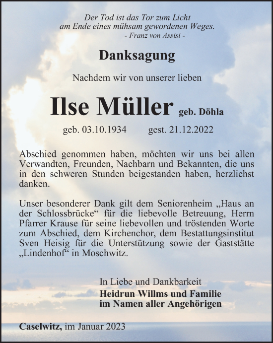 Traueranzeigen Von Ilse M Ller Trauer In Thueringen De