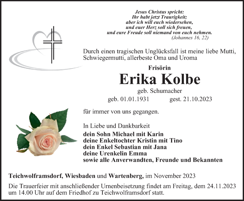 Traueranzeigen Von Erika Kolbe Trauer In Thueringen De