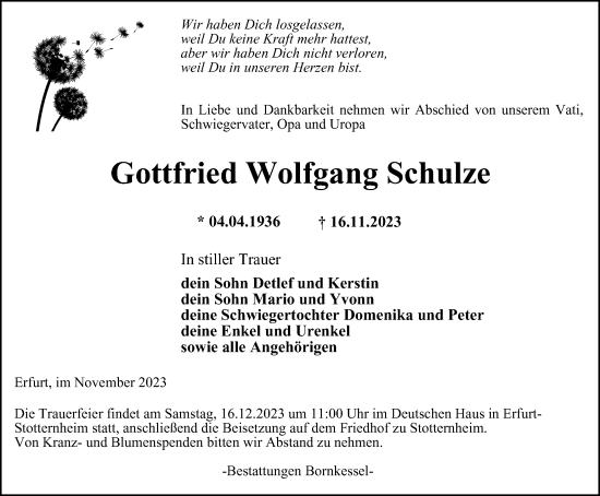 Traueranzeige von Gottfried Wolfgang Schulze
