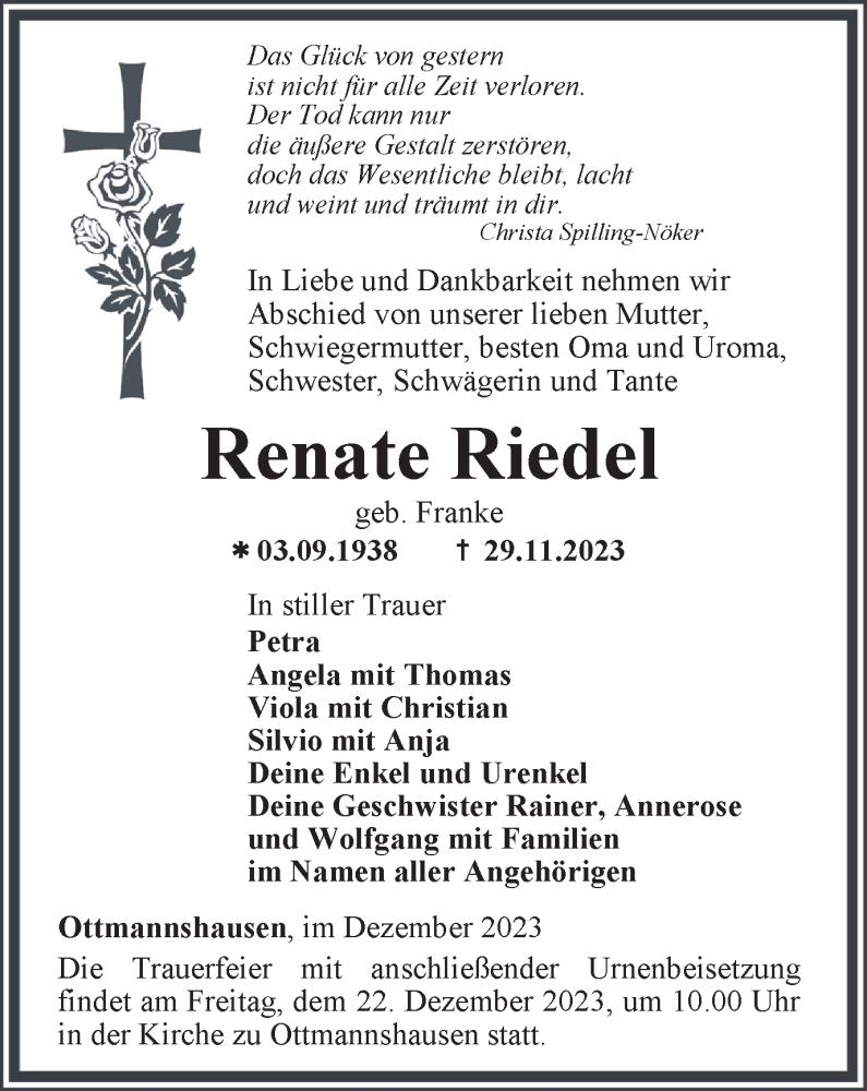 Traueranzeigen Von Renate Riedel Trauer In Thueringen De