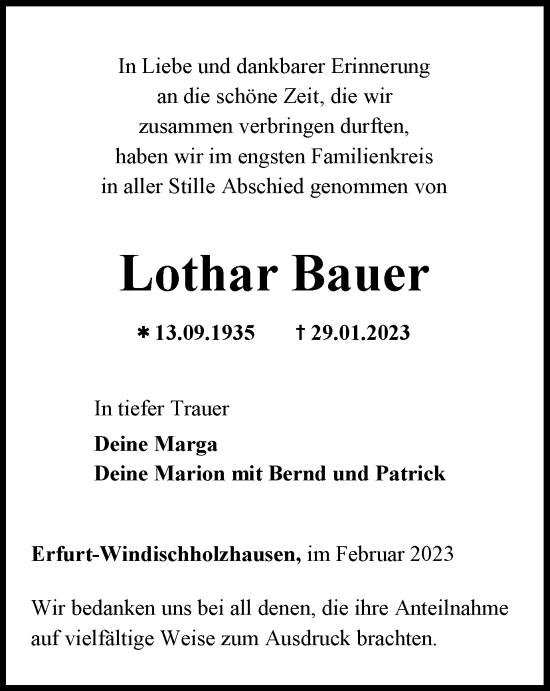 Traueranzeigen Von Lothar Bauer Trauer In Thueringen De