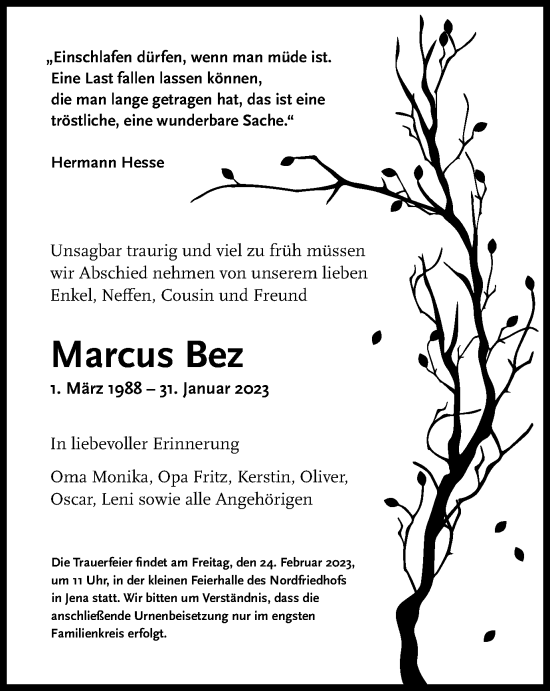 Traueranzeigen Von Marcus Bez Trauer In Thueringen De