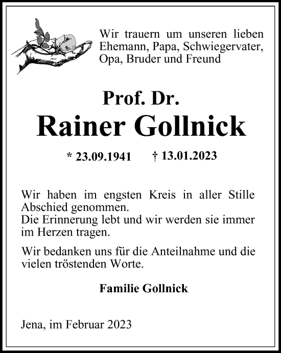 Traueranzeigen Von Rainer Gollnick Trauer In Thueringen De