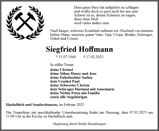 Traueranzeigen Von Siegfried Hoffmann Trauer In Thueringen De