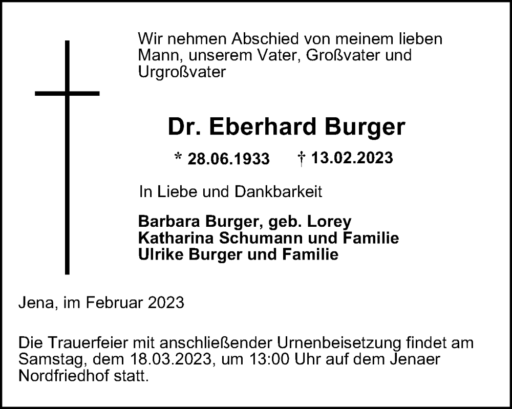 Traueranzeigen Von Eberhard Burger Trauer In Thueringen De