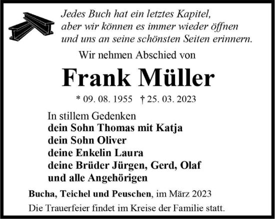 Traueranzeigen Von Frank M Ller Trauer In Thueringen De