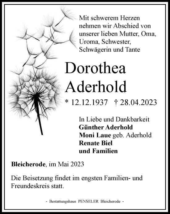 Traueranzeigen Von Dorothea Aderhold Trauer In Thueringen De