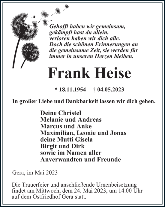 Traueranzeigen Von Frank Heise Trauer In Thueringen De