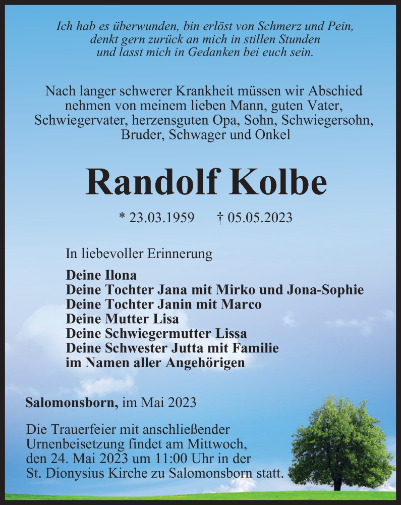 Traueranzeigen Von Randolf Kolbe Trauer In Thueringen De