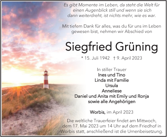 Traueranzeigen von Siegfried Grüning trauer in thueringen de