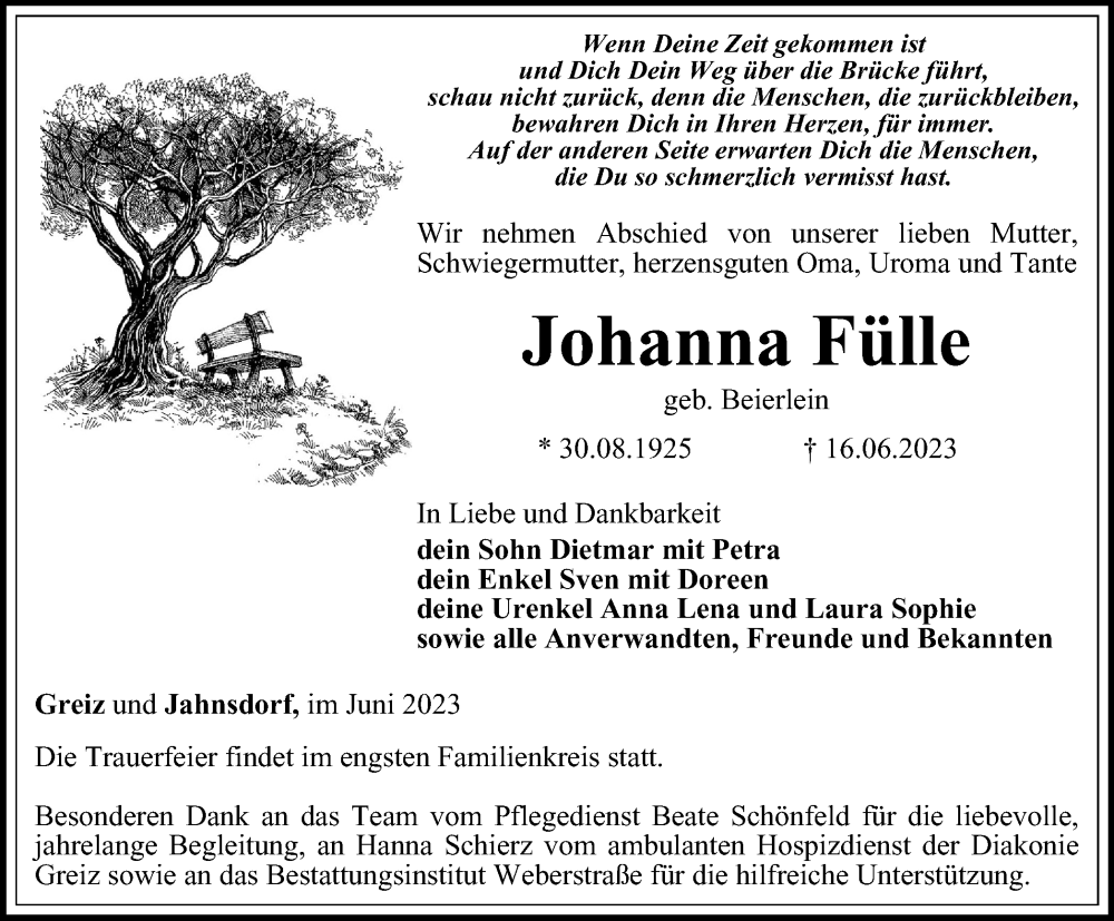 Traueranzeigen Von Johanna F Lle Trauer In Thueringen De