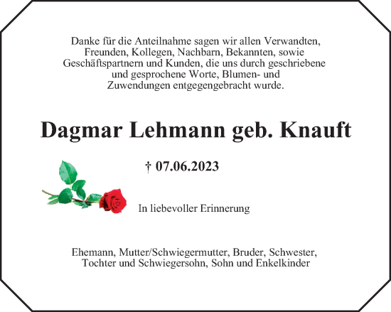 Traueranzeigen Von Dagmar Lehmann Trauer In Thueringen De