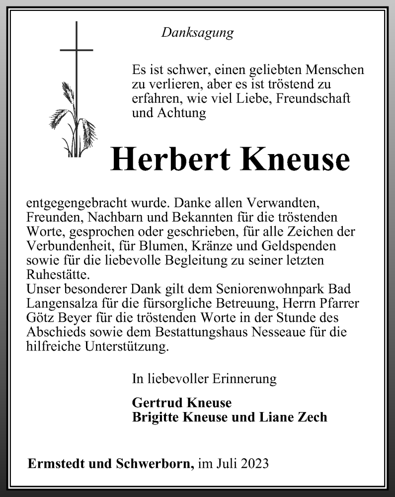 Traueranzeigen Von Herbert Kneuse Trauer In Thueringen De