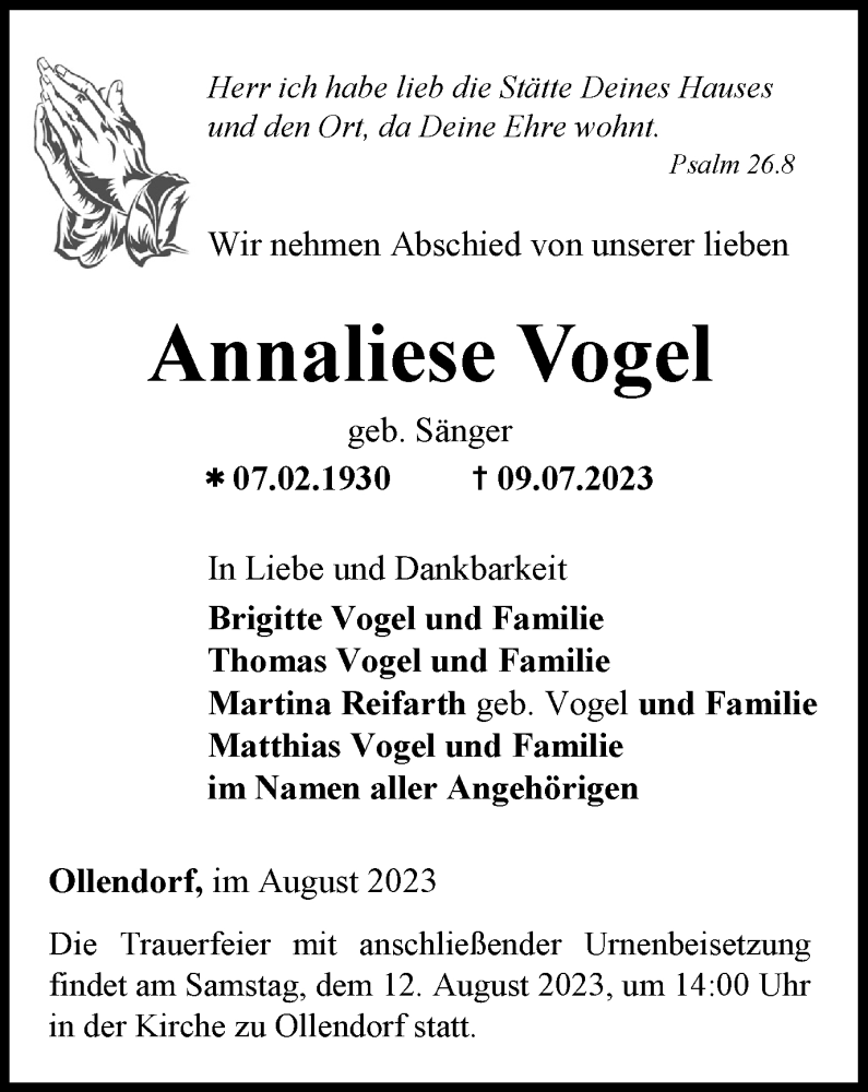 Traueranzeigen Von Annaliese Vogel Trauer In Thueringen De