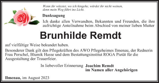 Traueranzeigen Von Brunhilde Remdt Trauer In Thueringen De