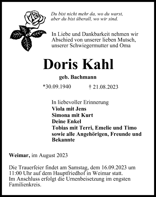 Traueranzeigen Von Doris Kahl Trauer In Thueringen De