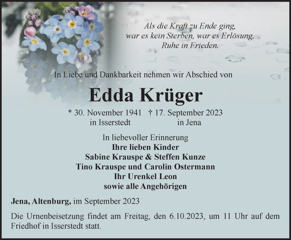 Traueranzeigen Von Edda Kr Ger Trauer In Thueringen De