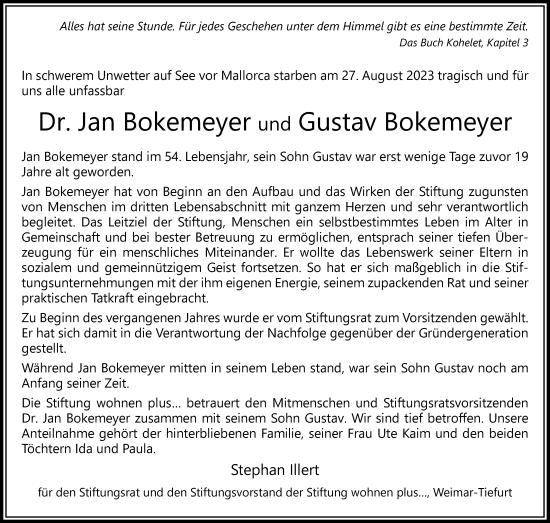 Traueranzeigen Von Jan Und Gustav Bokemeyer Trauer In Thueringen De