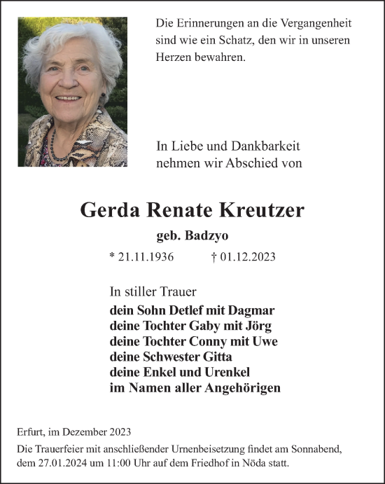 Traueranzeige von Gerda Renate Kreutzer