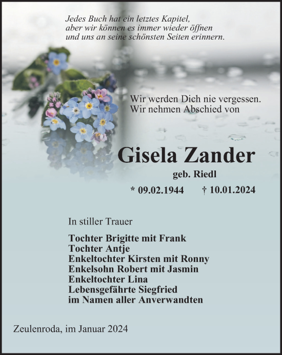 Traueranzeigen Von Gisela Zander Trauer In Thueringen De