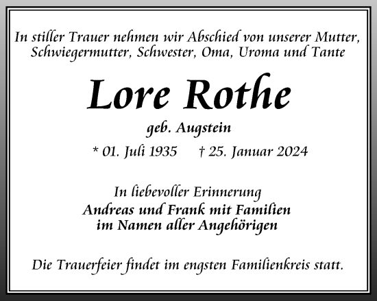 Traueranzeige von Lore Rothe von Thüringer Allgemeine, Thüringische Landeszeitung