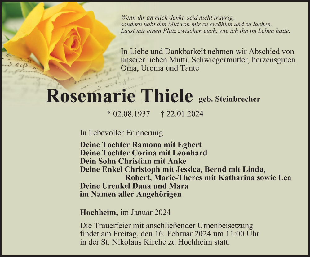 Traueranzeigen Von Rosemarie Thiele Trauer In Thueringen De