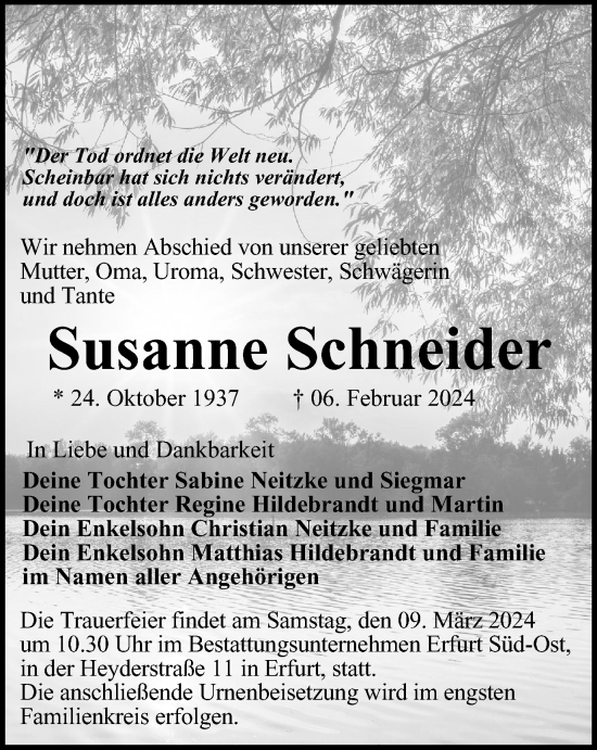 Traueranzeige von Susanne Schneider von Thüringer Allgemeine, Thüringische Landeszeitung