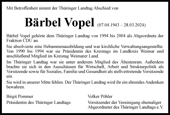 Traueranzeige von Bärbel Vopel von Thüringer Allgemeine
