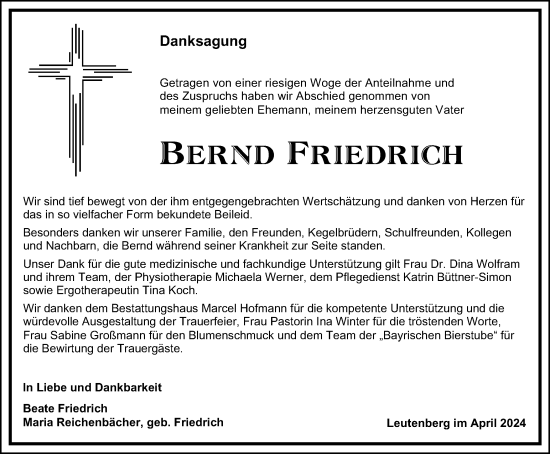 Traueranzeige von Bernd Friedrich von Ostthüringer Zeitung