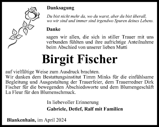 Traueranzeige von Birgit Fischer von Thüringer Allgemeine, Thüringische Landeszeitung