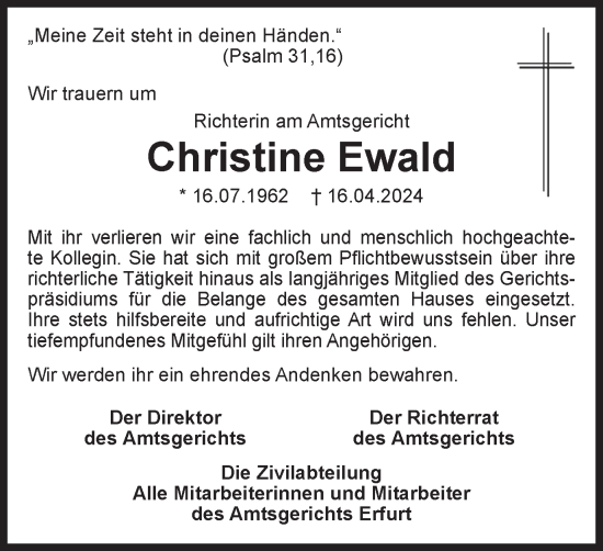 Traueranzeige von Christine Ewald von Thüringer Allgemeine, Thüringische Landeszeitung