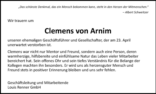 Traueranzeige von Clemens von Arnim von Ostthüringer Zeitung