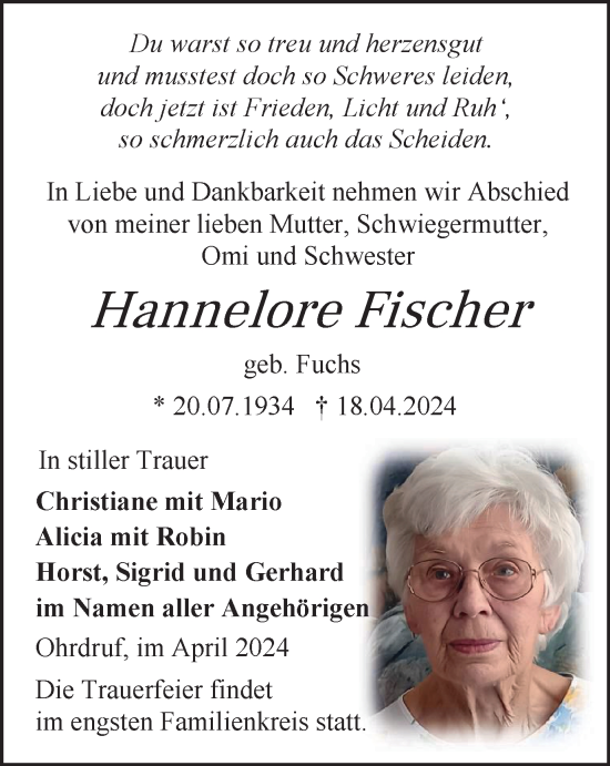Traueranzeige von Hannelore Fischer von Thüringer Allgemeine, Thüringische Landeszeitung
