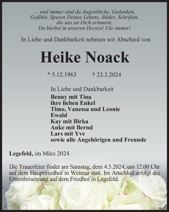 Traueranzeige von Heike Noack von Thüringer Allgemeine, Thüringische Landeszeitung