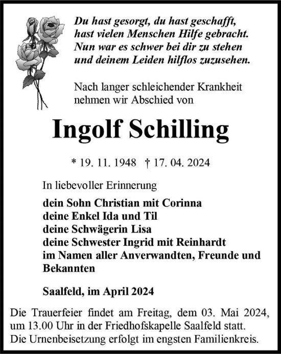 Traueranzeige von Ingolf Schilling von Ostthüringer Zeitung