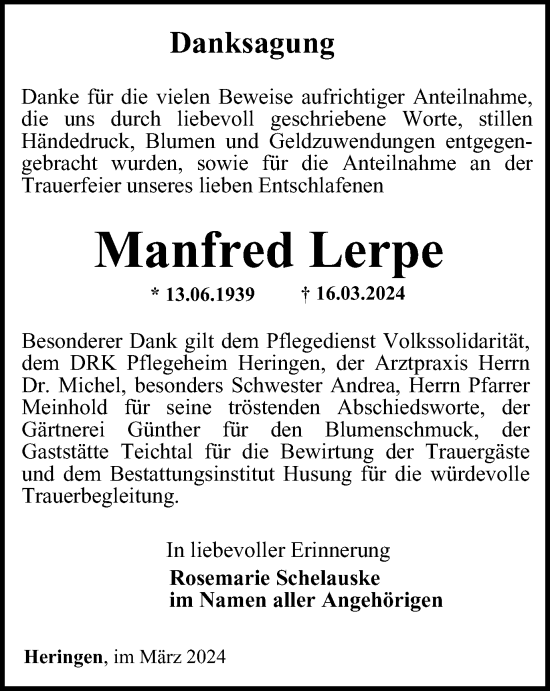 Traueranzeige von Manfred Lerpe von Thüringer Allgemeine