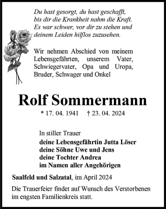 Traueranzeige von Rolf Sommermann von Ostthüringer Zeitung